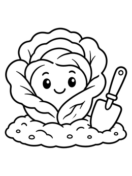 A cute cartoon lettuce coloring page showing a smiling vegetable growing in the dirt with a trowel.