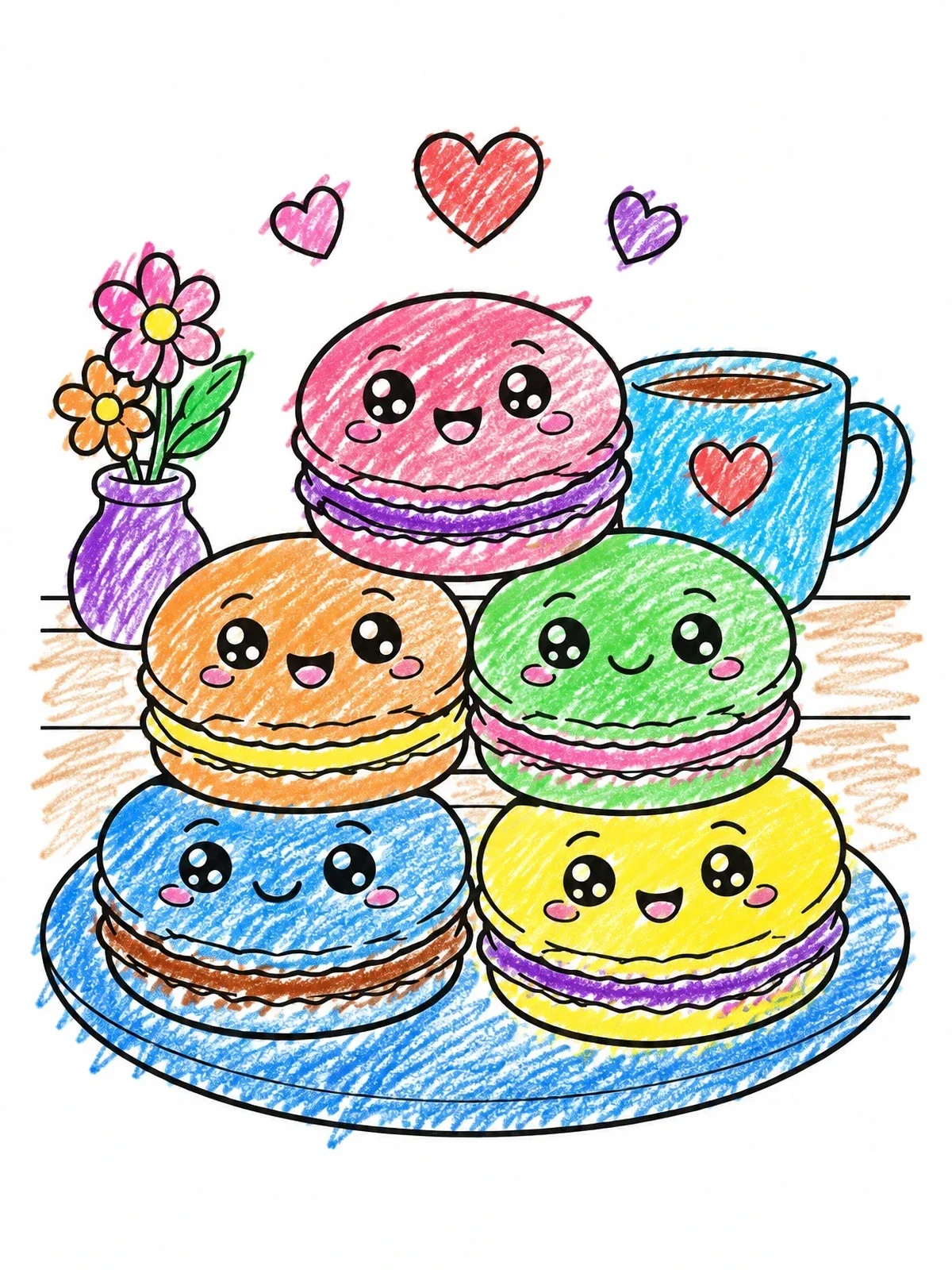 Colored example of the Cute Smiling Macarons On Plate coloring page