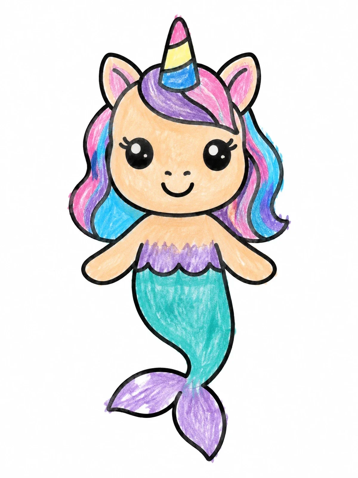 Colored example of the Cute Smiling Mermicorn coloring page