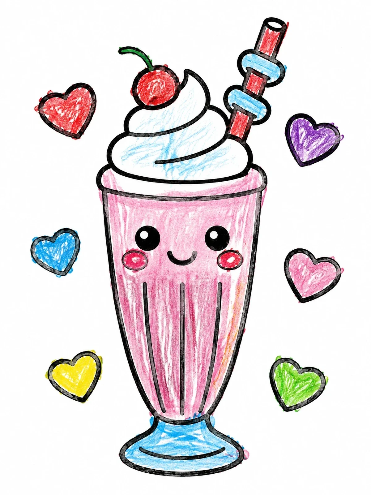 Colored example of the Cute Smiling Milkshake With Floating Hearts coloring page
