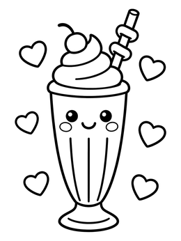 Free printable Cute Smiling Milkshake With Floating Hearts coloring page