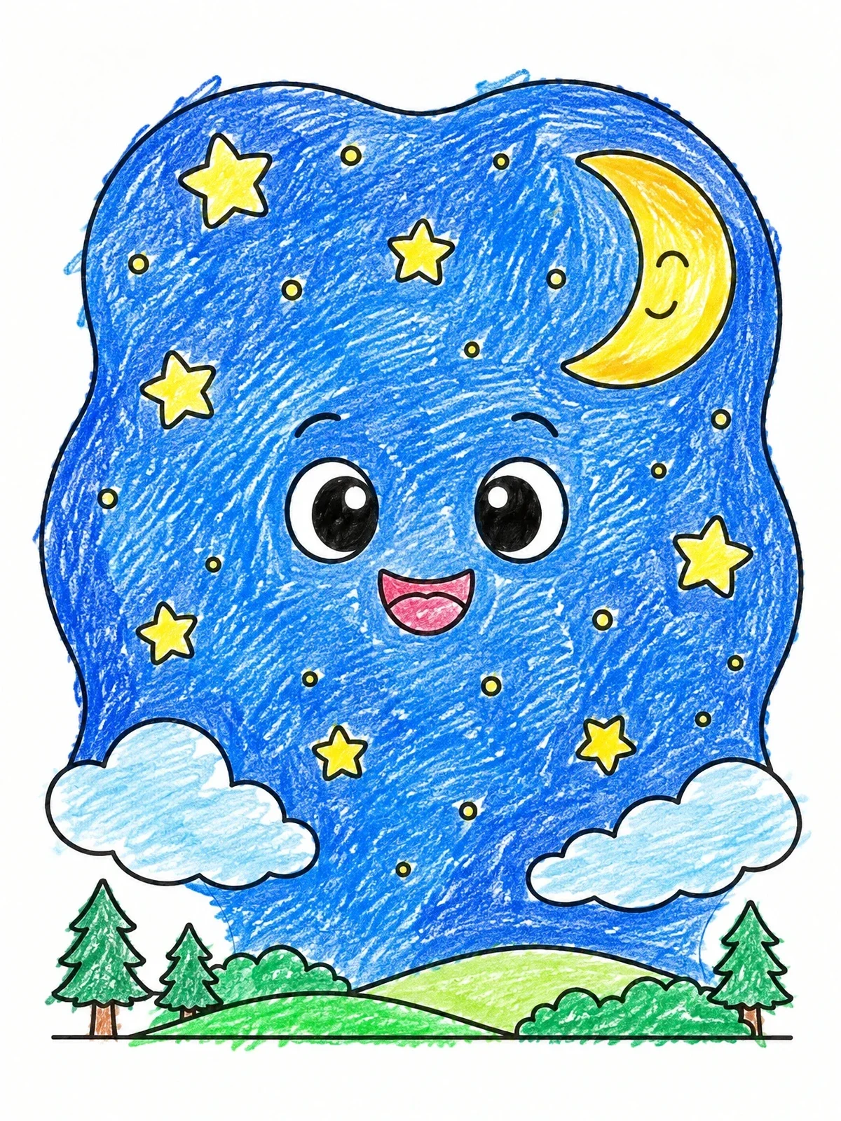 Colored example of the Cute Smiling Night Sky Expanse coloring page