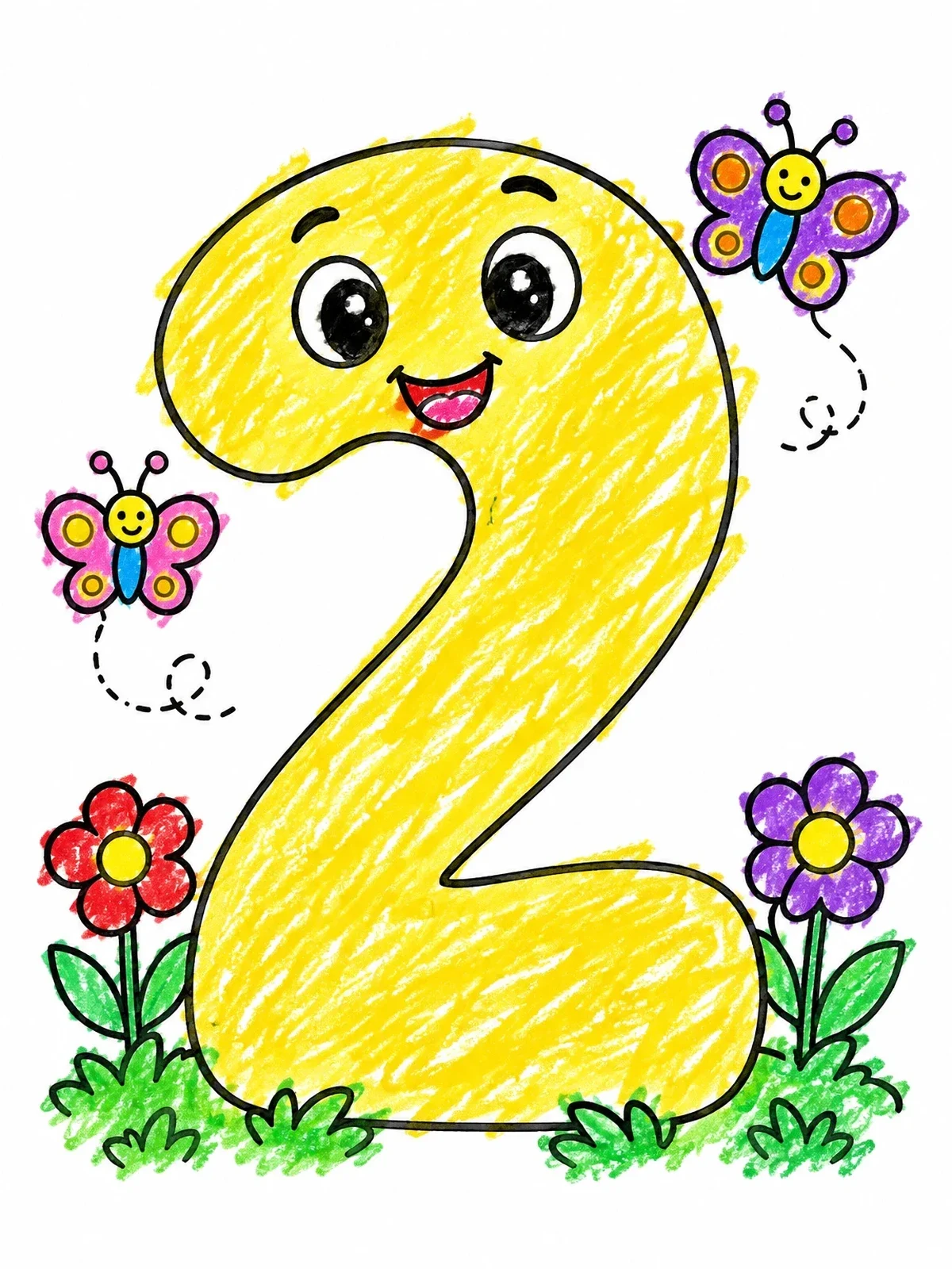 Colored example of the Cute Smiling Number Two With Butterflies coloring page