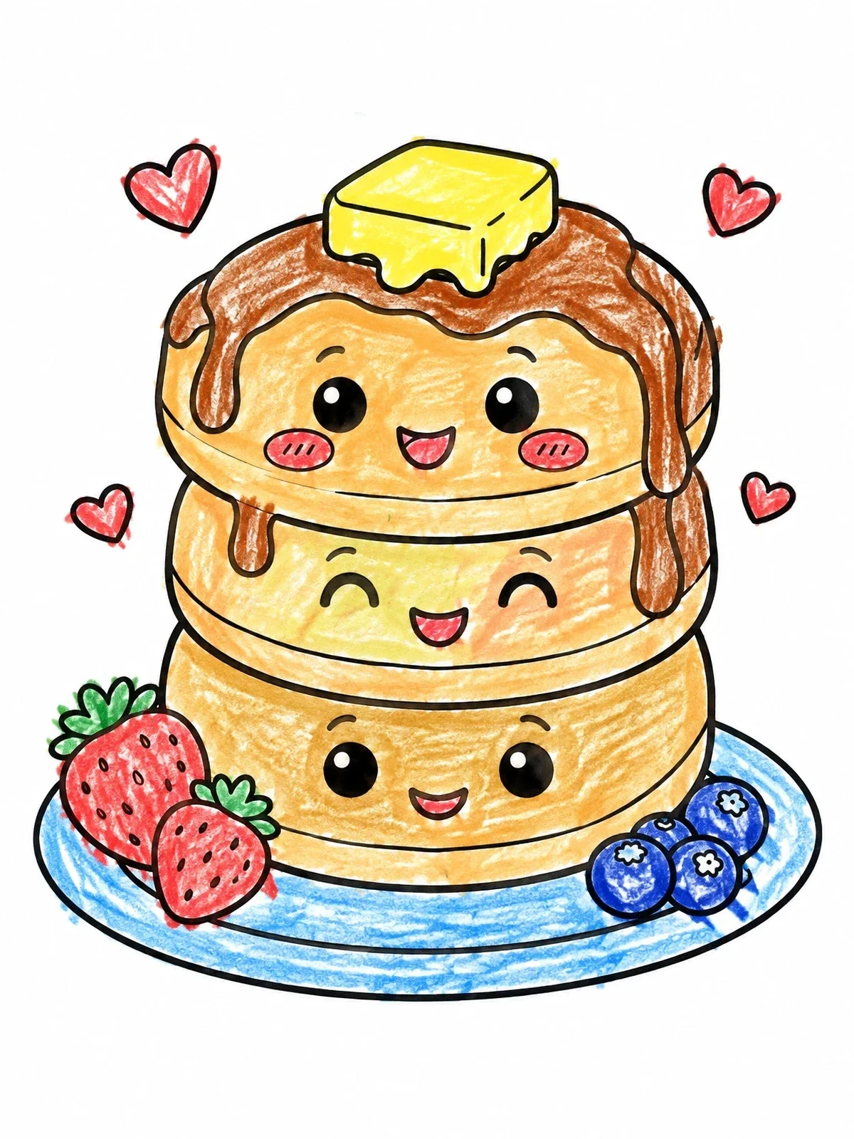 Colored example of the Cute Stack Of Smiling Pancakes coloring page