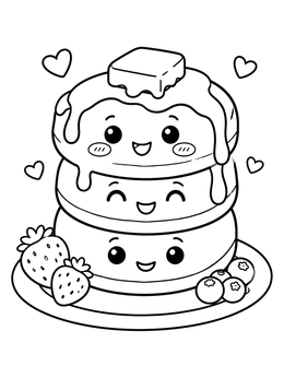 A cute food coloring page showing a happy stack of pancakes topped with butter and fresh berries.