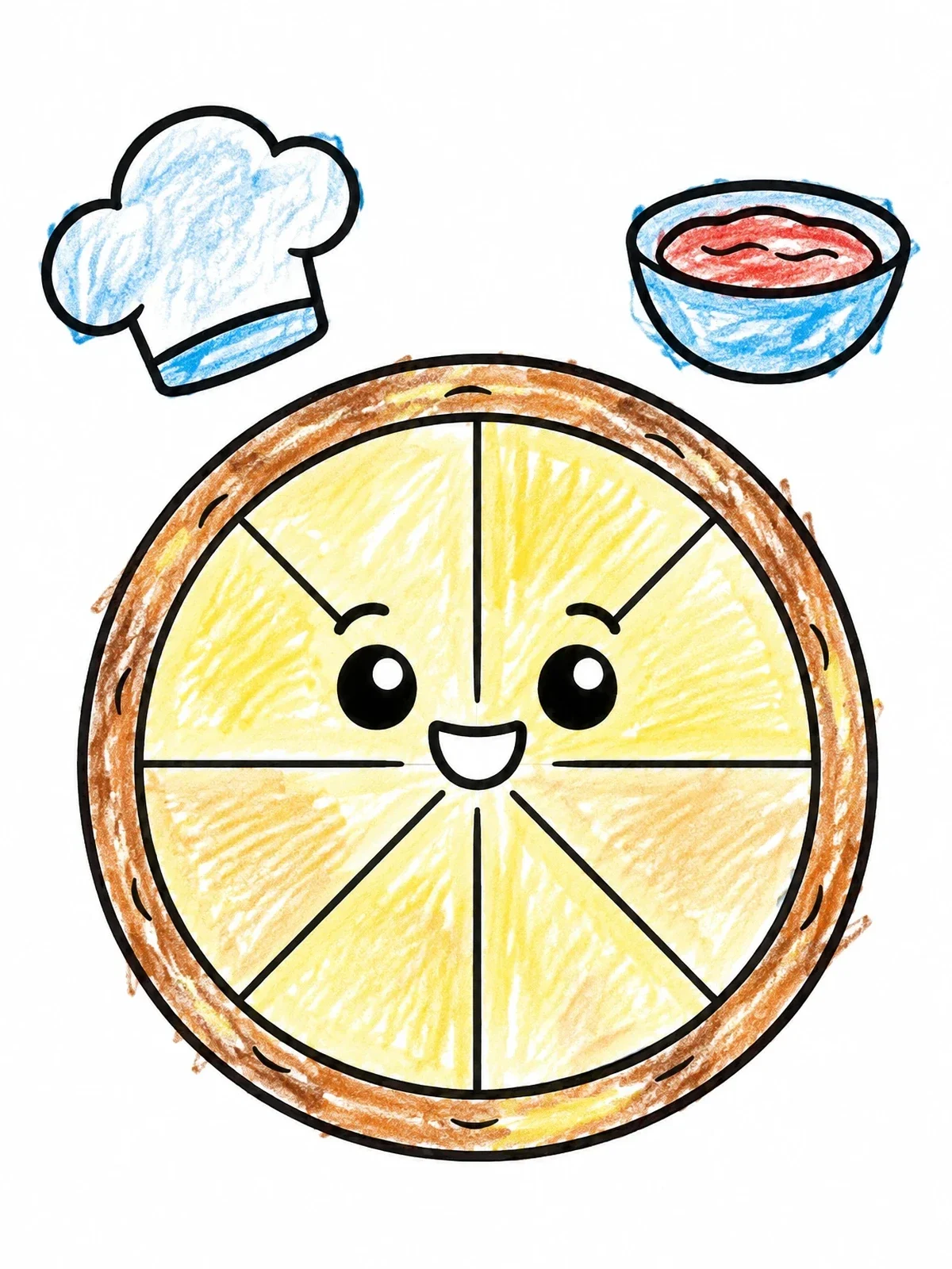 Colored example of the Cute Smiling Pizza Crust With Chef Hat coloring page