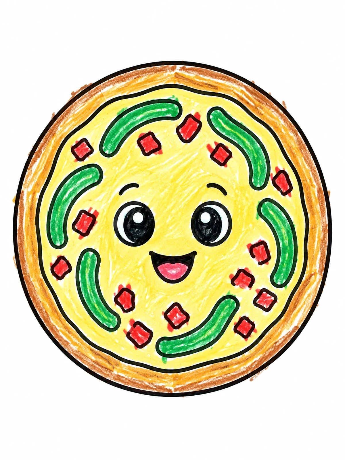Colored example of the Cute Smiling Pizza Face coloring page