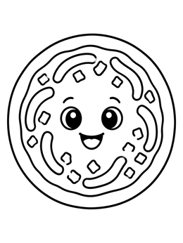 A happy round pizza coloring page with a cute face and simple toppings.