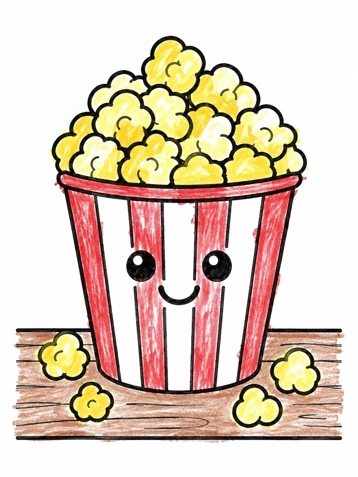 Colored example of the Cute Smiling Popcorn Bucket coloring page