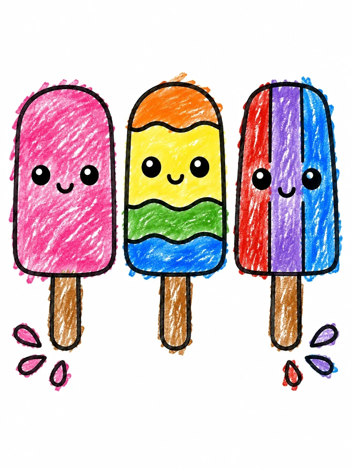 Colored example of the Three Cute Smiling Popsicles coloring page