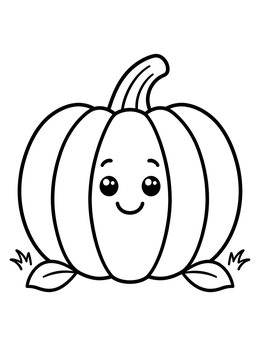 A smiling cute pumpkin coloring page with large eyes resting in grass.
