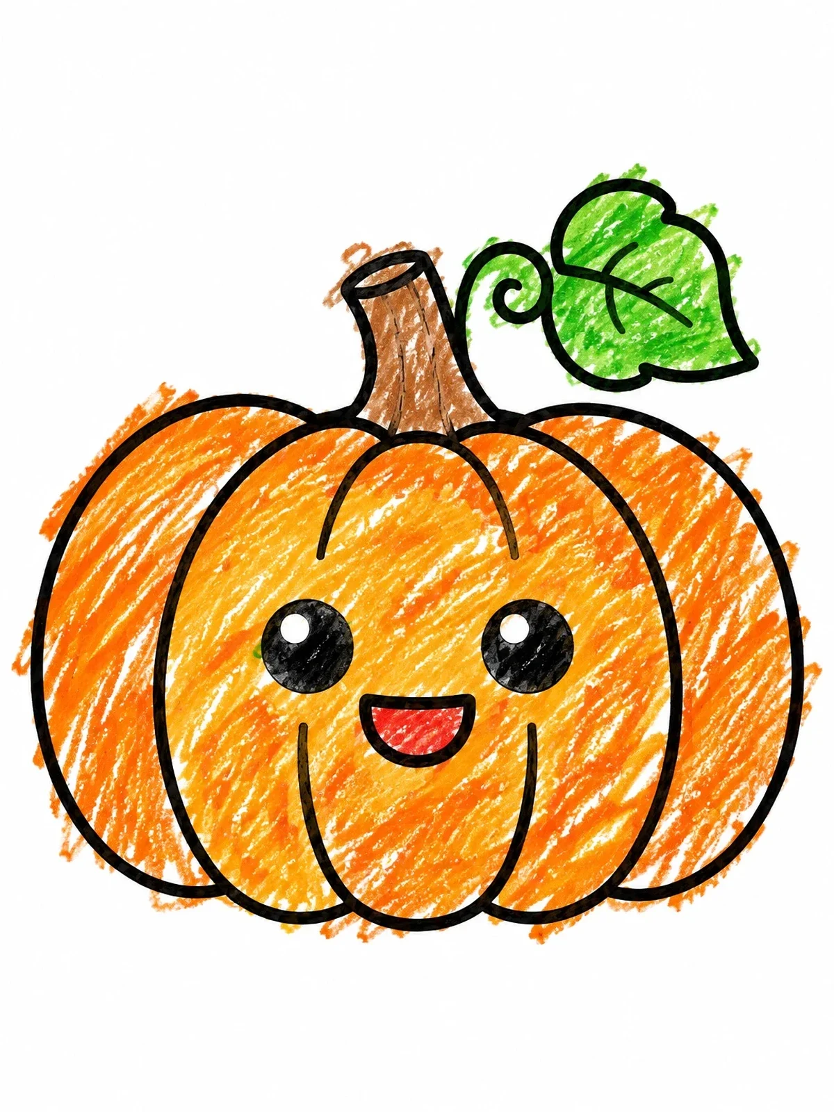 Colored example of the Cute Smiling Pumpkin With Leaf coloring page