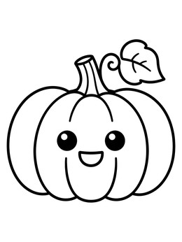A cute pumpkin coloring page featuring a happy smiling pumpkin with a curly vine and leaf.