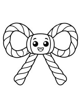 A cheerful cartoon bow coloring page featuring twisted rope loops and a happy face.