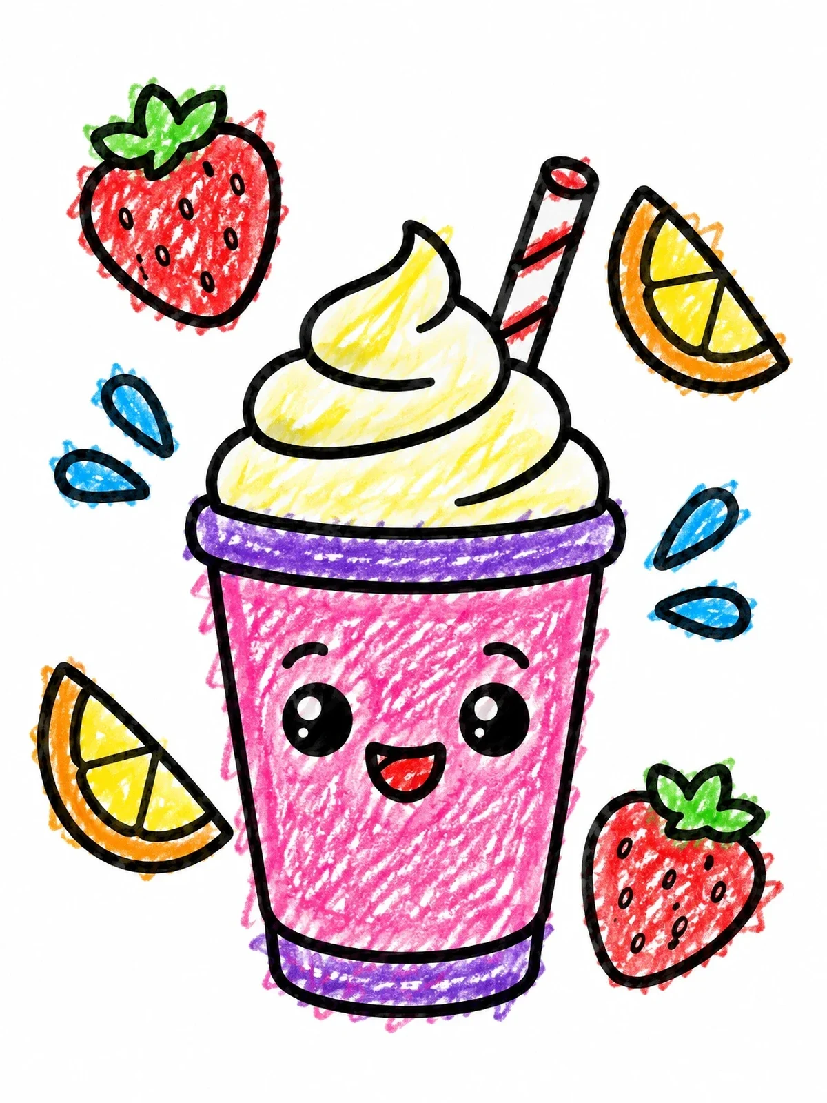 Colored example of the Cute Smiling Smoothie Cup With Fruit coloring page