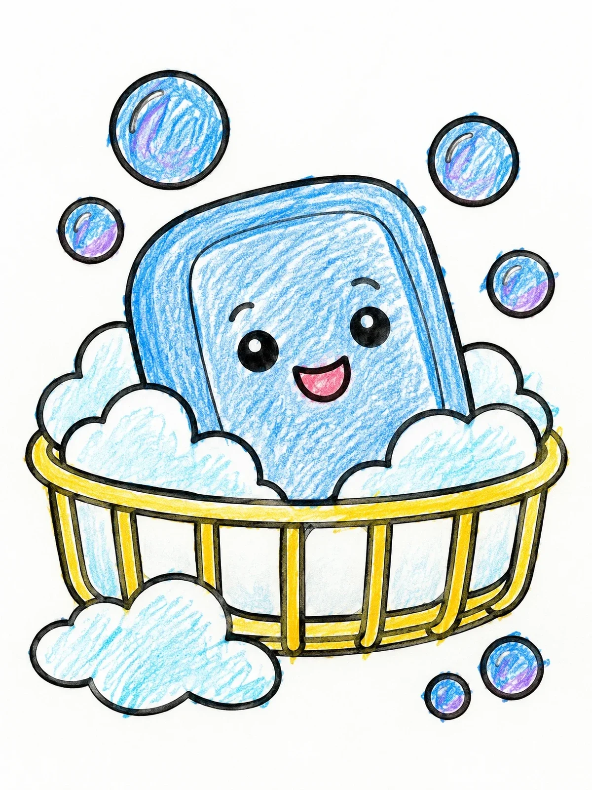 Colored example of the Cute Smiling Soap In Basket coloring page