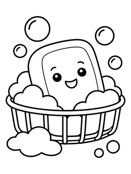 A soap coloring page featuring a smiling soap bar resting in a sudsy basket with bubbles.