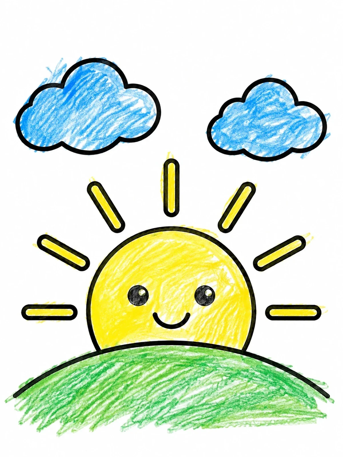 Colored example of the Cute Smiling Sunrise Over Hill coloring page