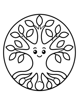 A smiling tree of life coloring page inside a circle with simple branches and roots.