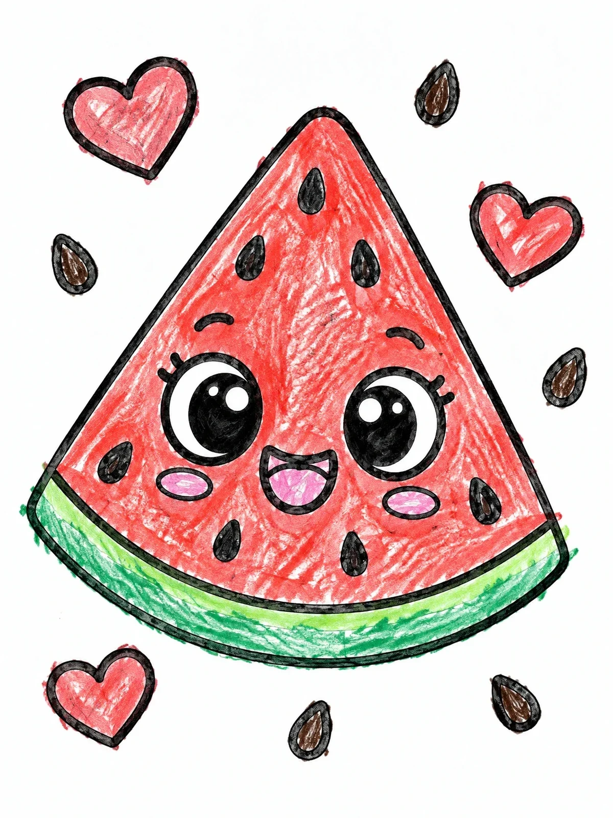 Colored example of the Cute Smiling Watermelon Slice coloring page