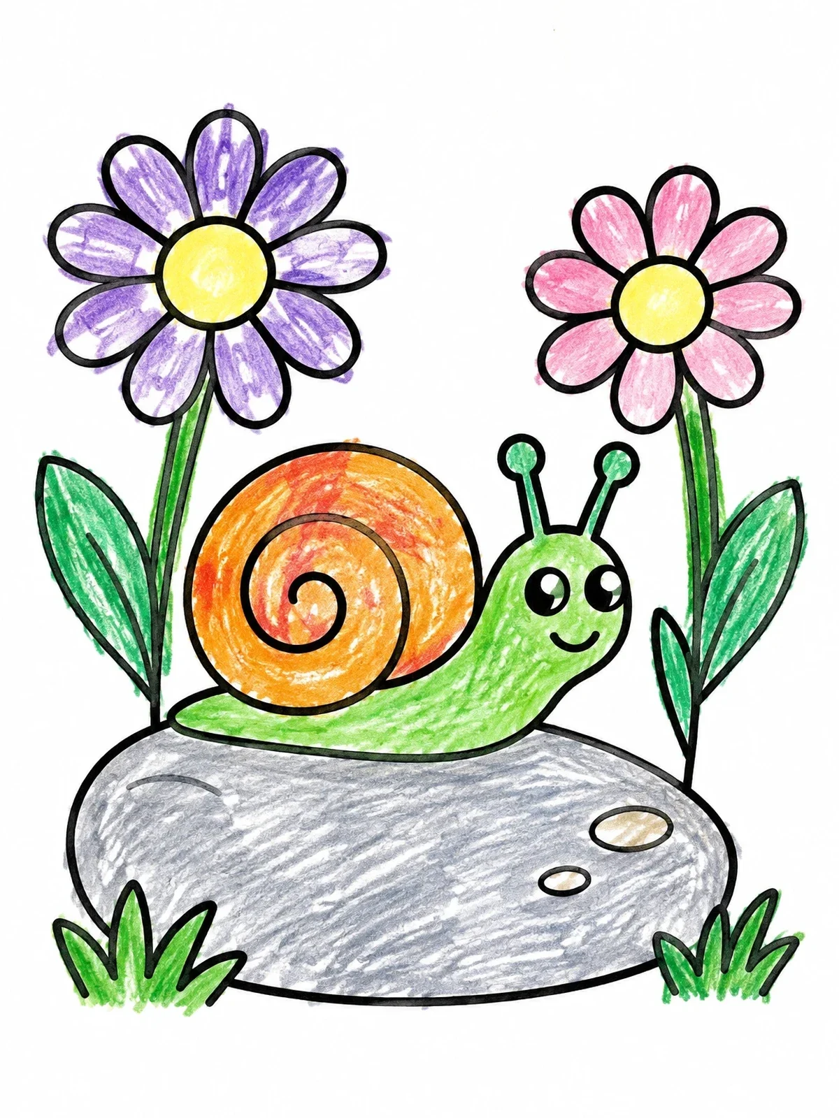 Colored example of the Cute Snail On A Garden Stone coloring page