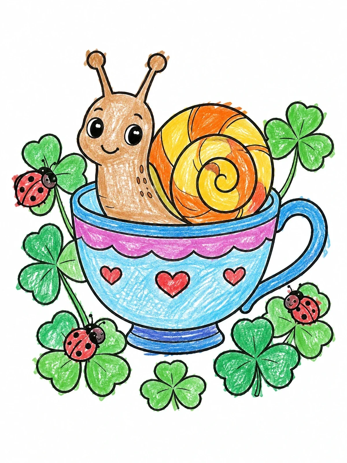 Colored example of the Cute Snail In A Teacup coloring page