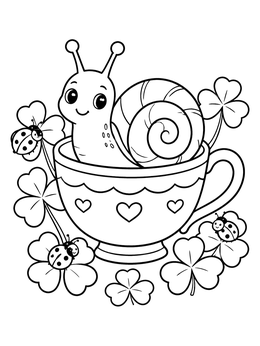 A snail coloring page featuring a cheerful snail in a teacup with clovers and ladybugs.