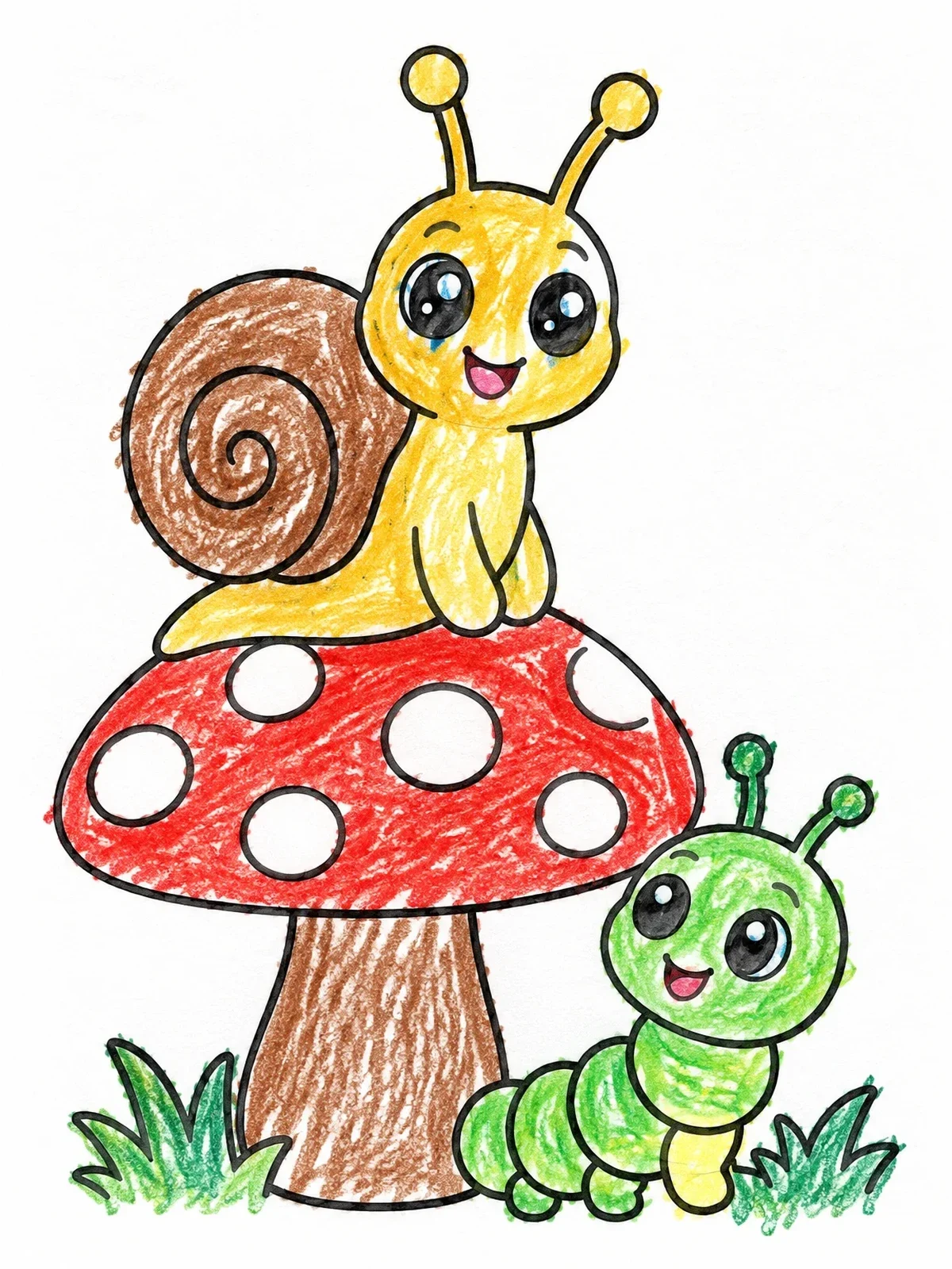 Colored example of the Cute Snail On A Mushroom With Caterpillar coloring page