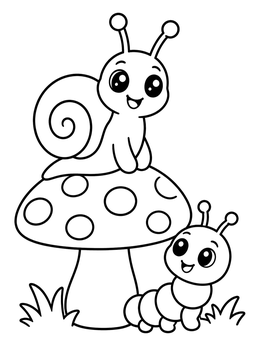 A friendly snail coloring page with a cute snail sitting on a mushroom next to a caterpillar.