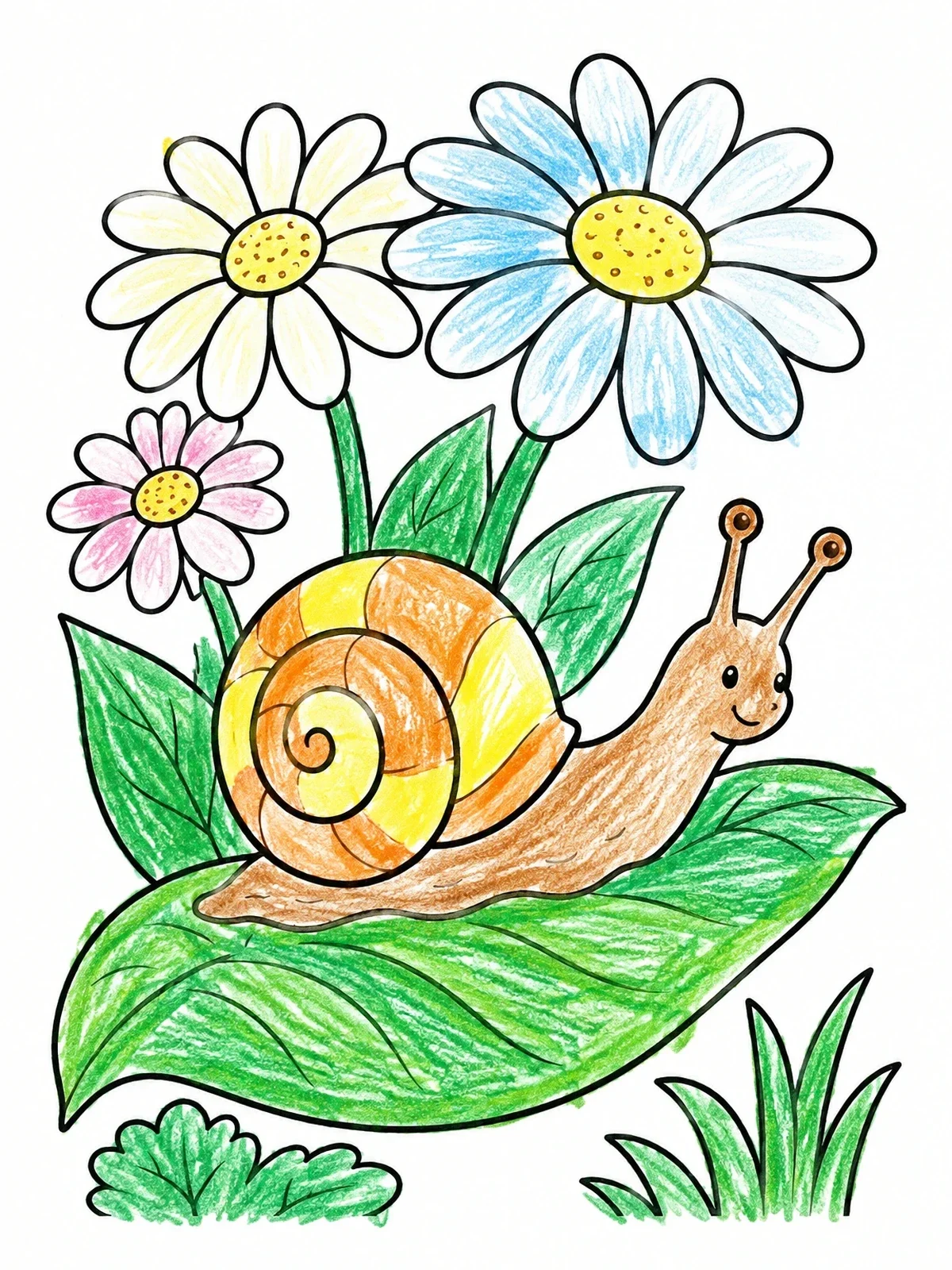 Colored example of the Cute Snail On Daisy Leaf coloring page