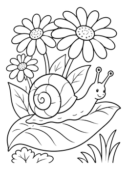 A cheerful snail rests on a large leaf in this daisy flower coloring page.