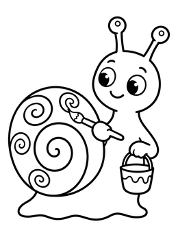 A cheerful cartoon snail coloring page showing the snail painting spirals on its shell.