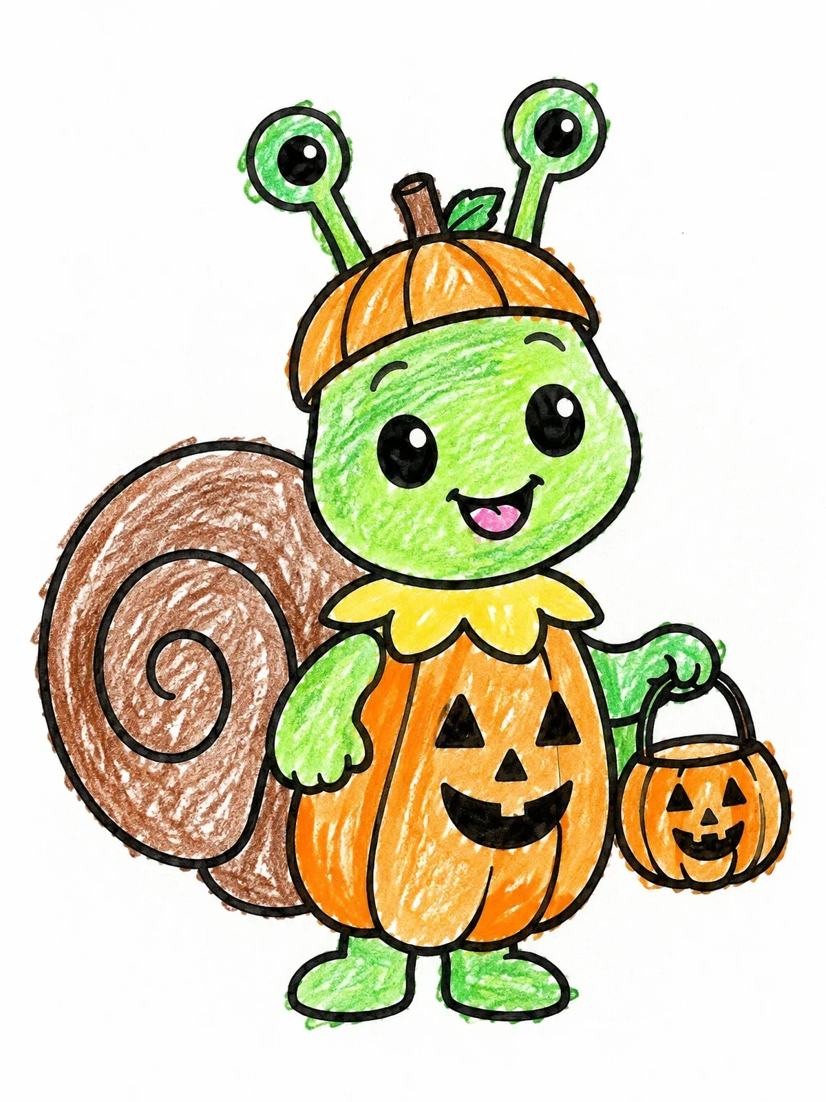 Colored example of the Cute Snail In Pumpkin Halloween Costume coloring page