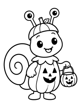 A happy snail coloring page dressed in a pumpkin costume holding a candy bucket.
