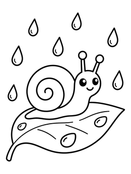 A cheerful garden snail rests under raindrops in this april coloring page.