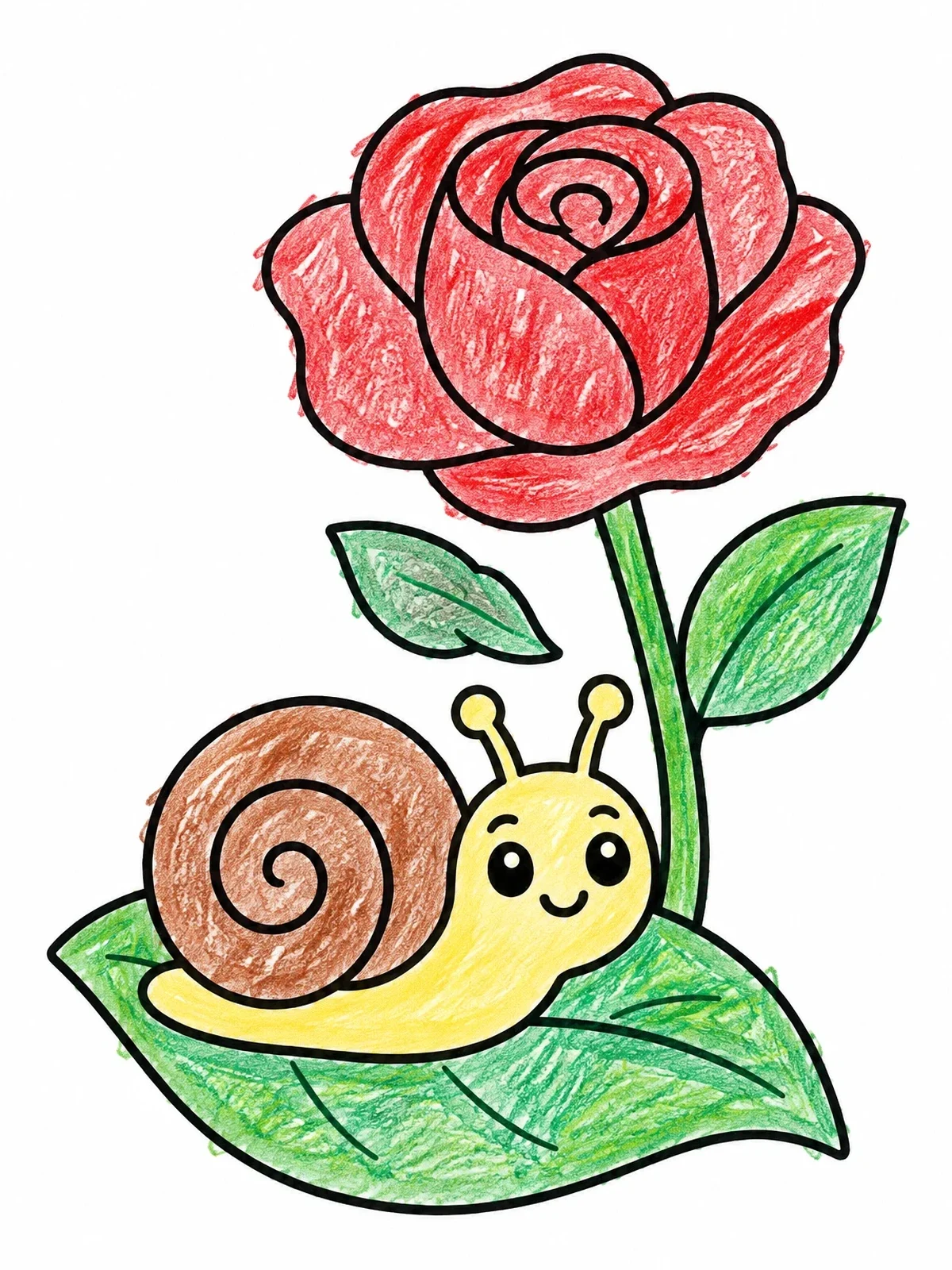 Colored example of the Cute Snail Under A Rose coloring page