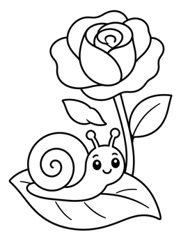 A cheerful little snail resting on a leaf in this rose coloring page.