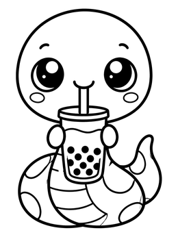 A cute snake coloring page featuring a cartoon serpent enjoying delicious boba tea.