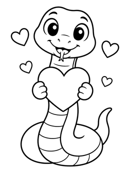 A cute cartoon snake coloring page holding a big Valentine heart surrounded by floating hearts.