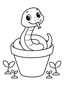 A cheerful cartoon snake coloring page sitting inside a flowerpot with small sprouts around.