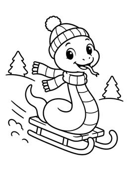 A cheerful cartoon snake coloring page with a warm beanie and scarf riding downhill on a sled.