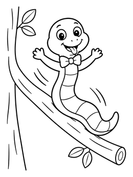 A cheerful snake coloring page showing a cartoon snake with a bow tie sliding down a tree branch.