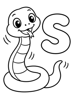 A friendly cartoon snake coloring page next to a big letter S.