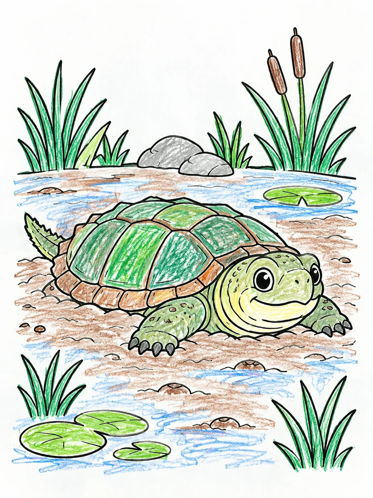 Colored example of the Cute Snapping Turtle By The Pond coloring page