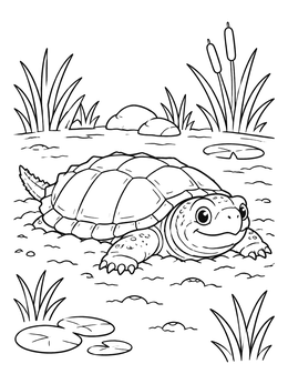 Free printable Cute Snapping Turtle By The Pond coloring page