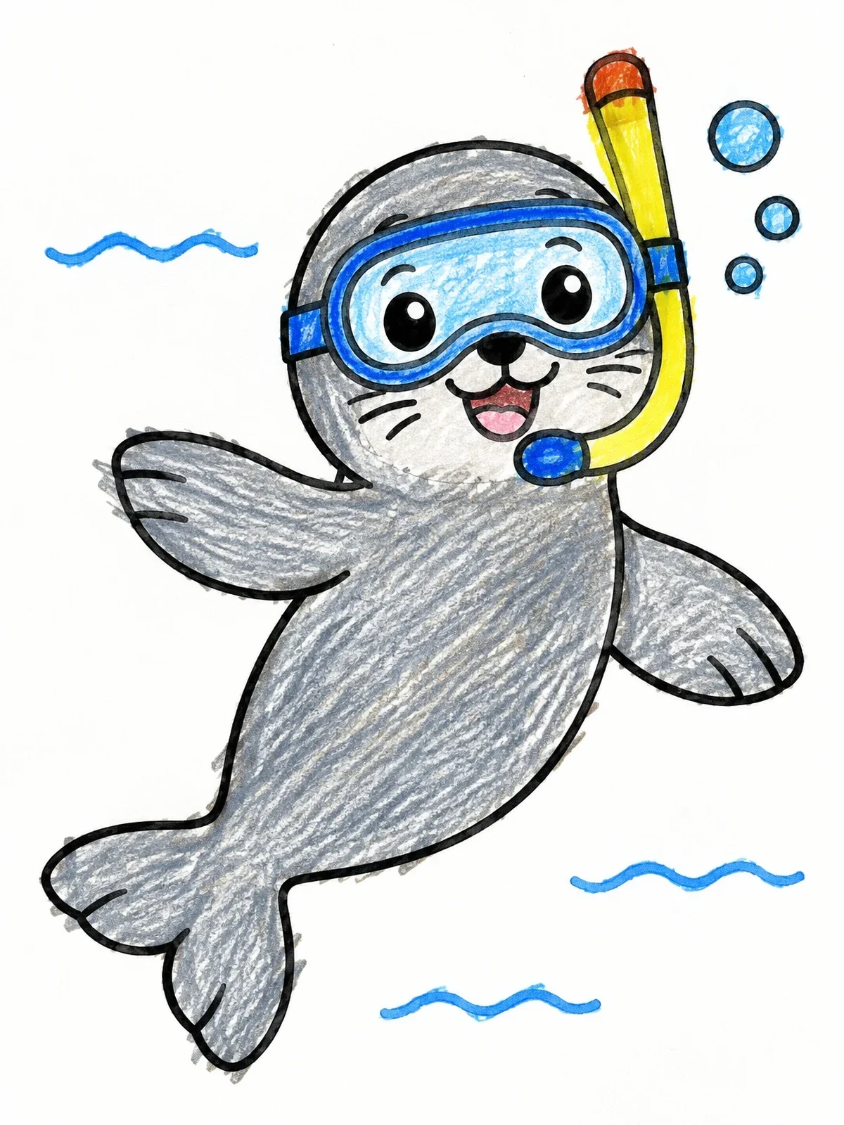 Colored example of the Cute Snorkeling Seal Swimming Underwater coloring page