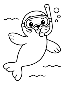A cheerful cartoon seal coloring page featuring a pup wearing a snorkel mask underwater.
