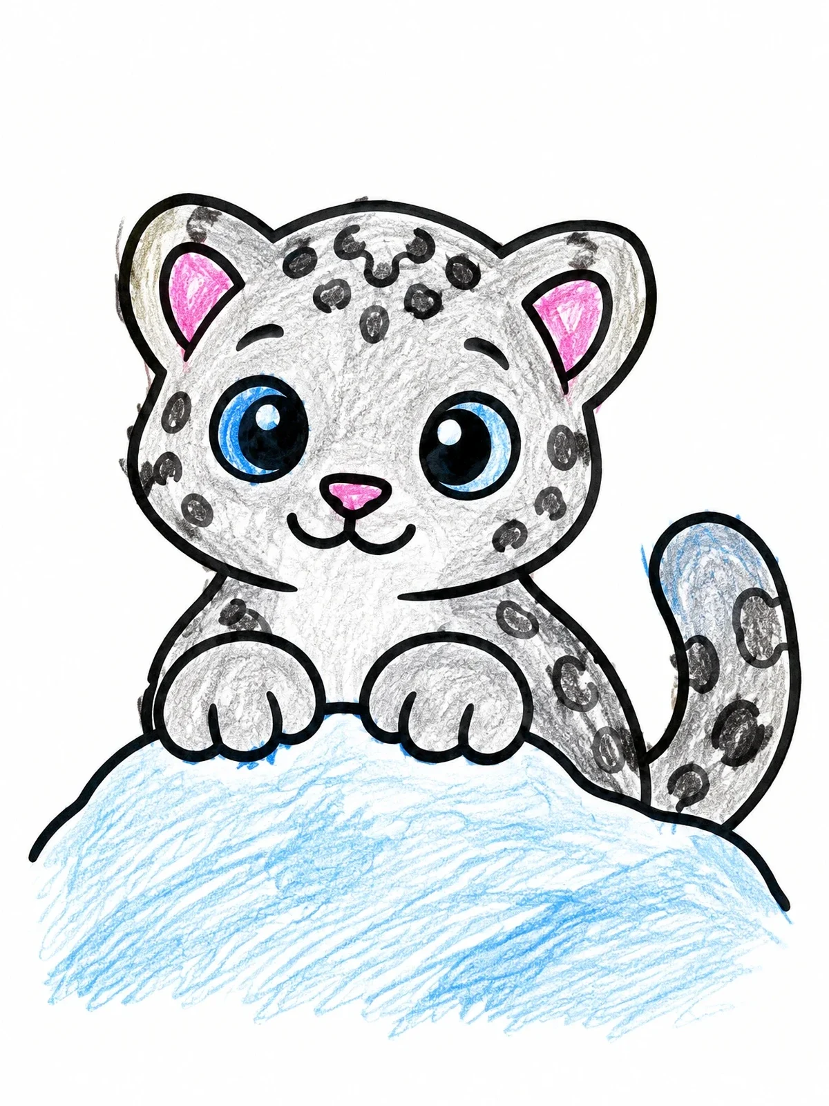 Colored example of the Cute Snow Leopard Cub Peeking coloring page