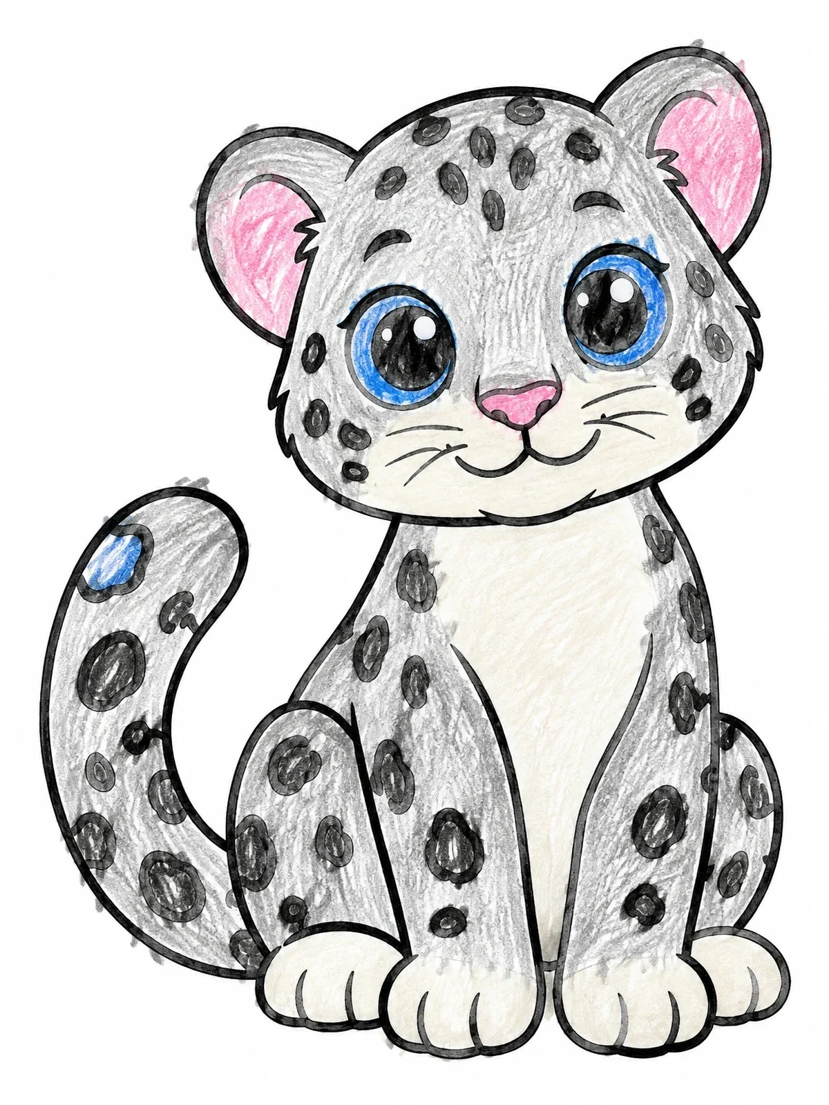 Colored example of the Cute Snow Leopard Cub Sitting coloring page