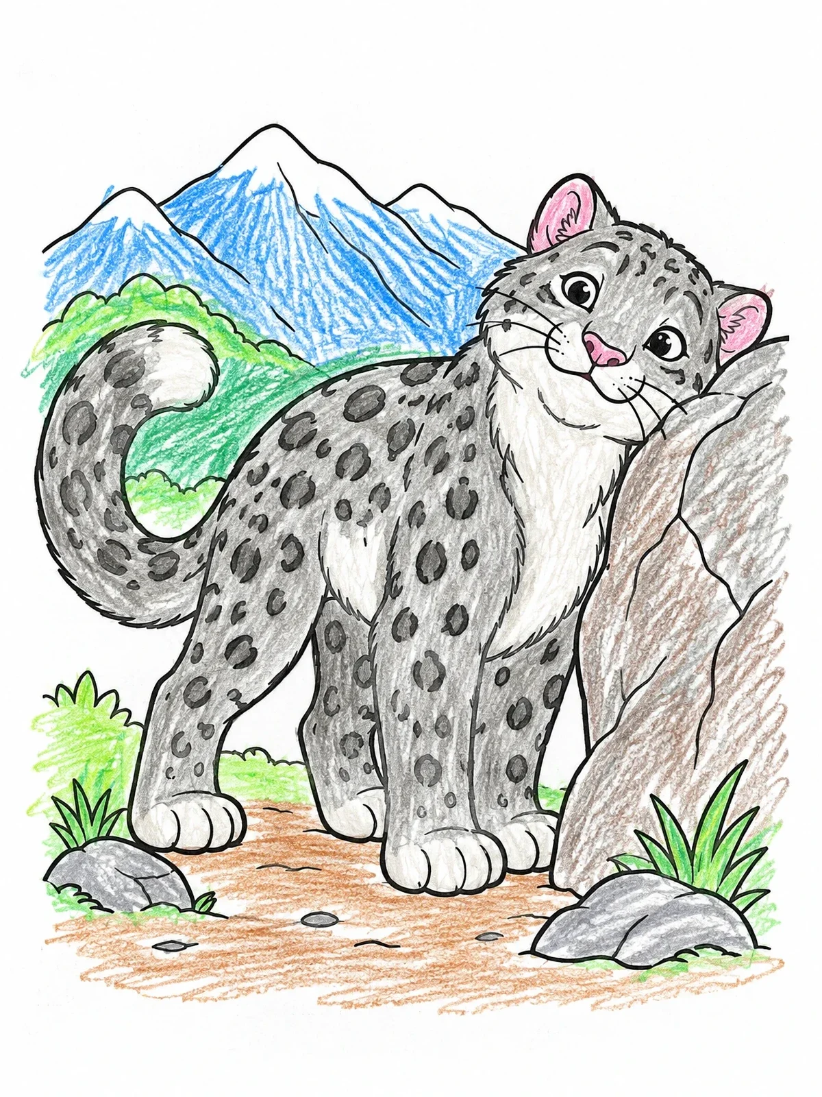 Colored example of the Cute Snow Leopard Rubbing Against Rock coloring page